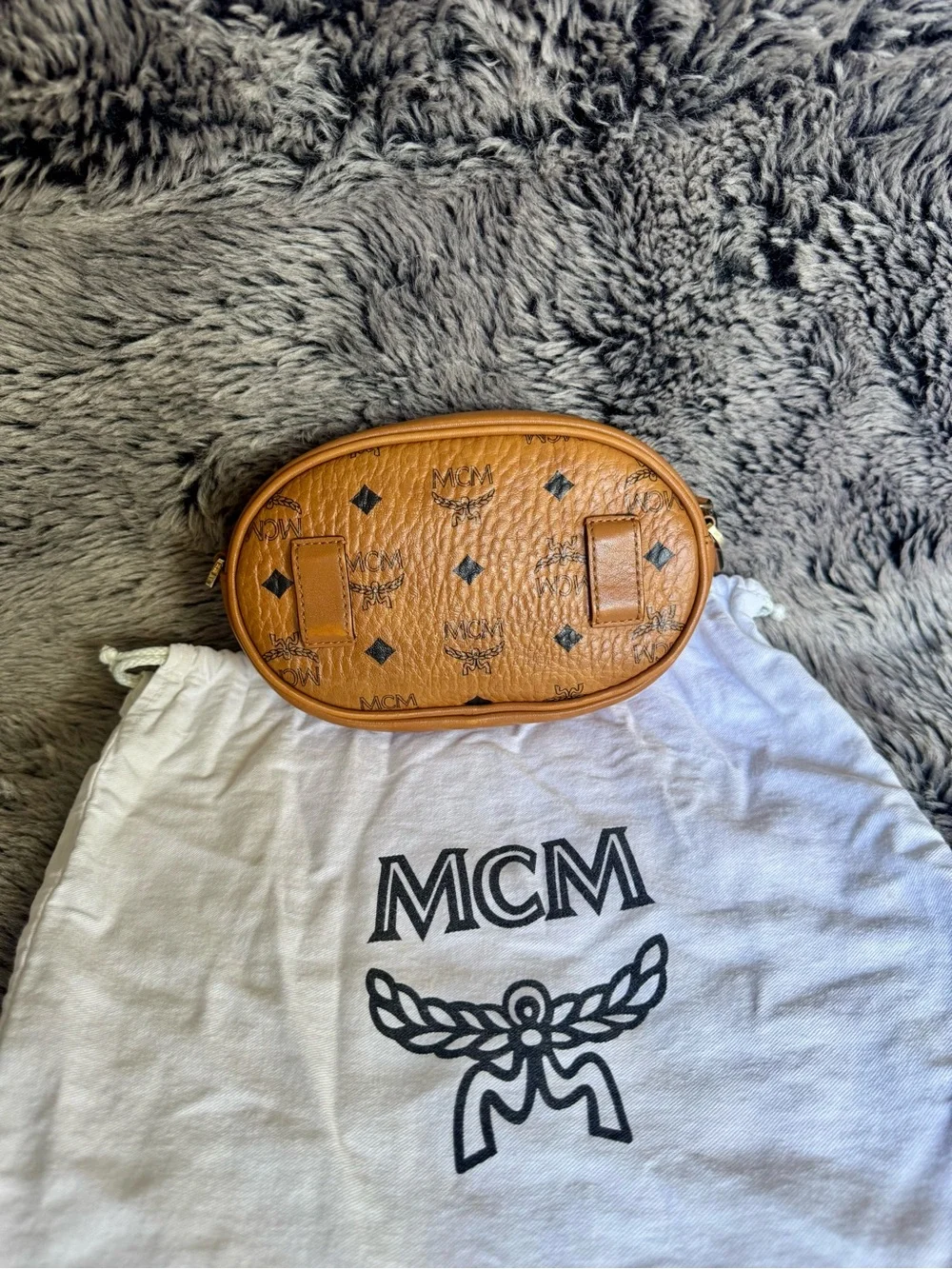 MCM Visetos Cognac Oval Crossbody Belt Bag w/ Dust Bag